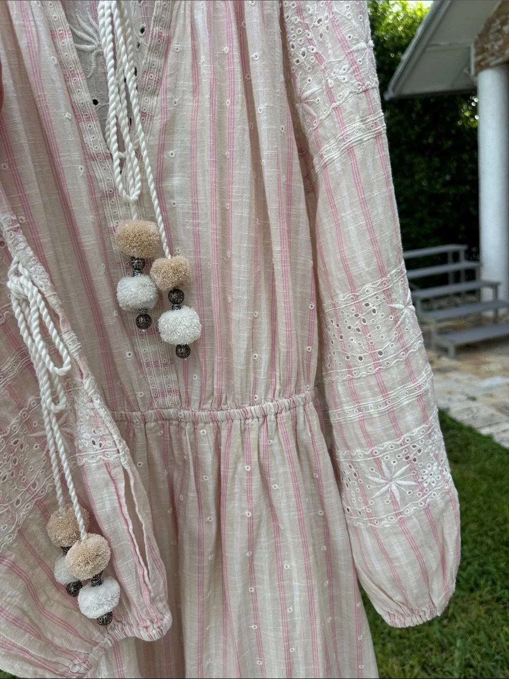 LoveShackFancy Isla Dress Pale Pink Embroidered Midi Pom Pom Tassels Slits Small - Picture 6 of 15